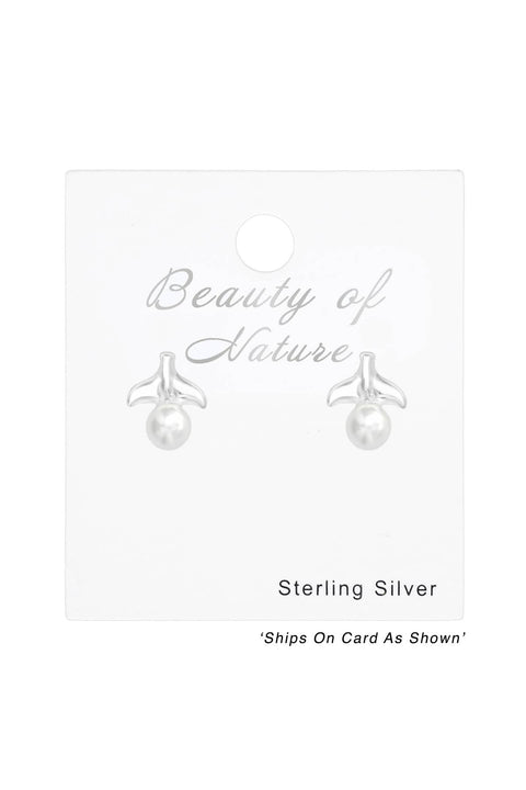 Sterling Silver Whale's Tail Ear Studs With Pearls - SS