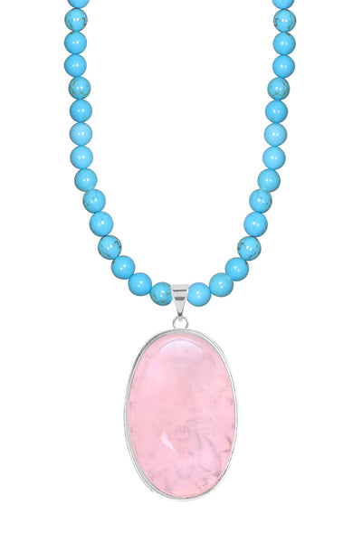 Turquoise Beads Necklace With Rose Quartz Pendant - SF