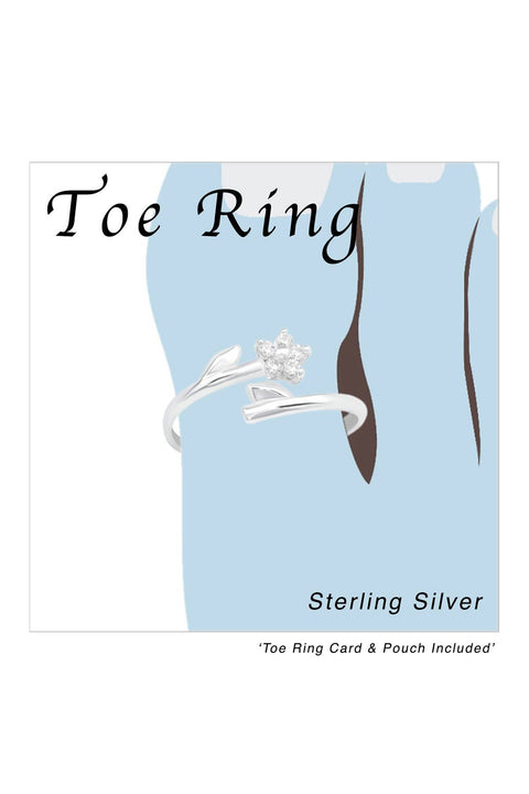 Sterling Silver Flower Adjustable Toe Ring With CZ - SS