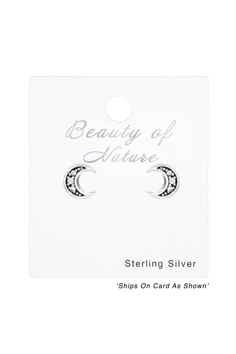 Sterling Silver Moon Ear Studs With Cubic Zirconia - SS