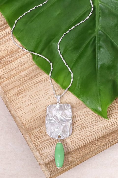 Green Murano Glass & Wave Textured Pendant Necklace - SF