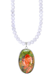 Crystal Quartz Beads Necklace With Unakite Pendant - SF