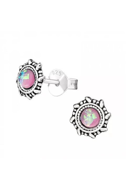 Sterling Silver Oxidized Ear Studs With Synthetic Opal - SS