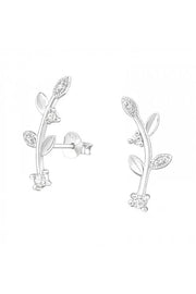 Sterling Silver Leaf Ear Studs With Cubic Zirconia - SS