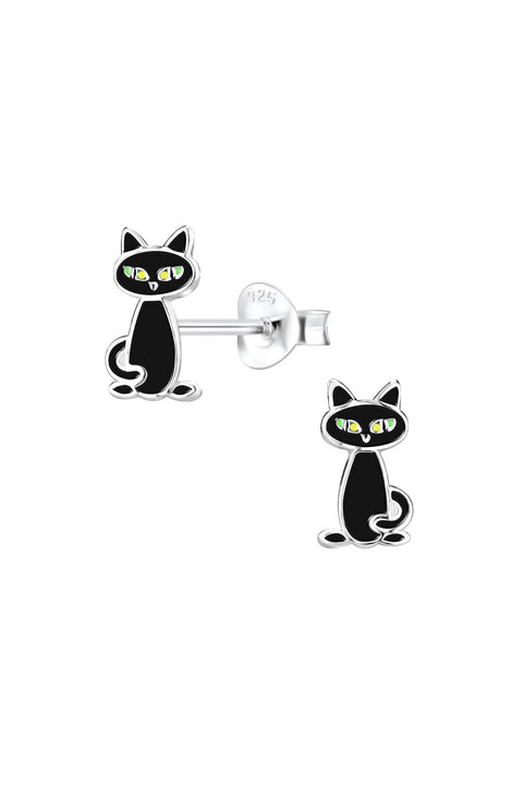 Sterling Silver Black Cat Post Earrings - SS