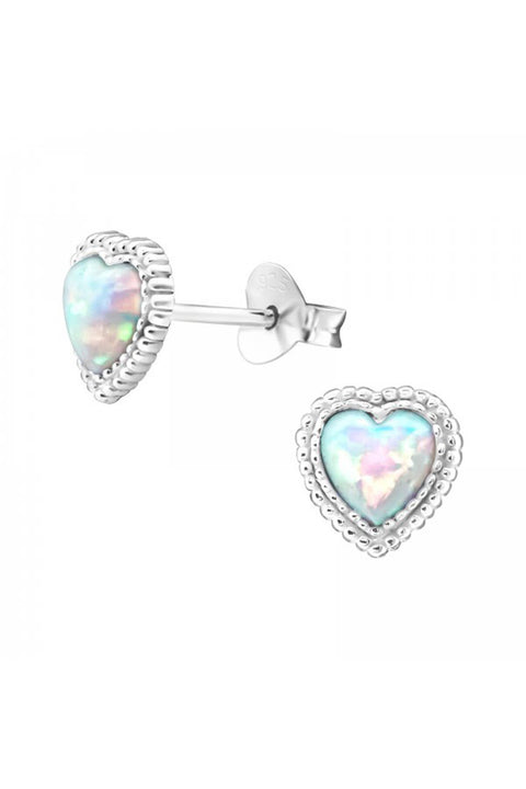 Sterling Silver Heart Ear Studs With Opal - SS