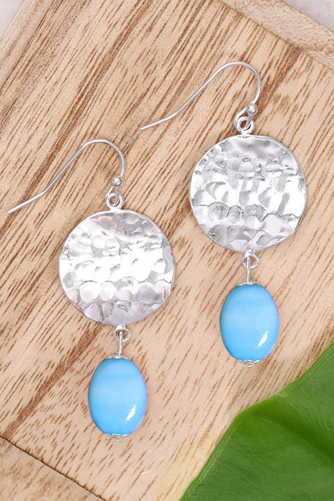 Blue Murano Glass & Hammered Disc Drop Earrings - SF