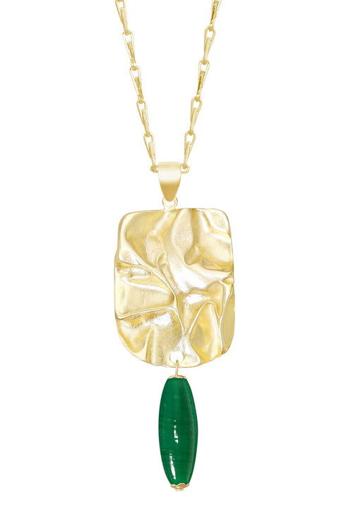 Green Murano Glass & Wave Textured Pendant Necklace - GF