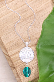 Teal Murano Glass & Hammered Disc Pendant Necklace - SF