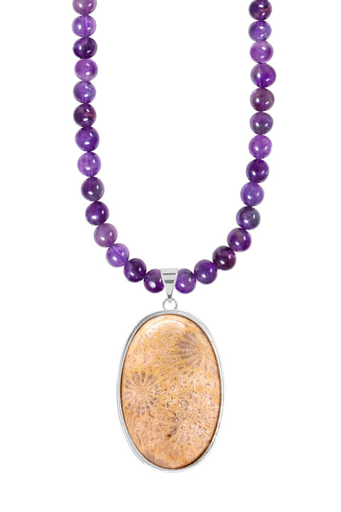 Amethyst Beads Necklace With Lily Fossil Pendant - SF