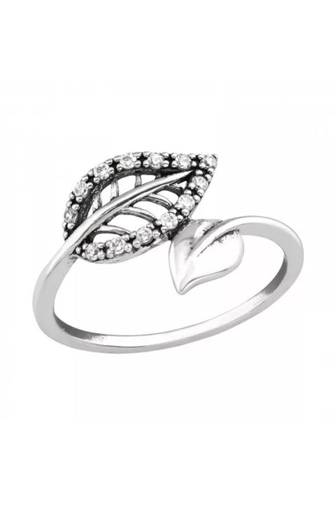 Sterling Silver Leaf Ring With CZ - SS