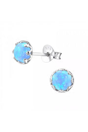 Sterling Silver Round Ear Studs With Synthetic Opal - SS