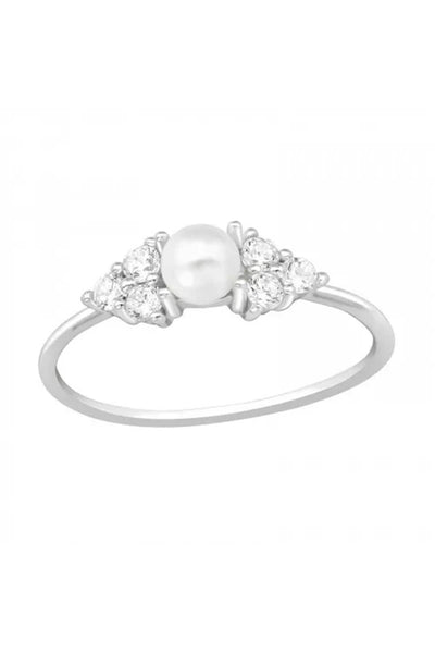 Sterling Silver With CZ and Glass Pearl Solitaire Ring - SS