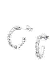 Sterling Silver Semi Hoops Ear Studs With Crystal - SS