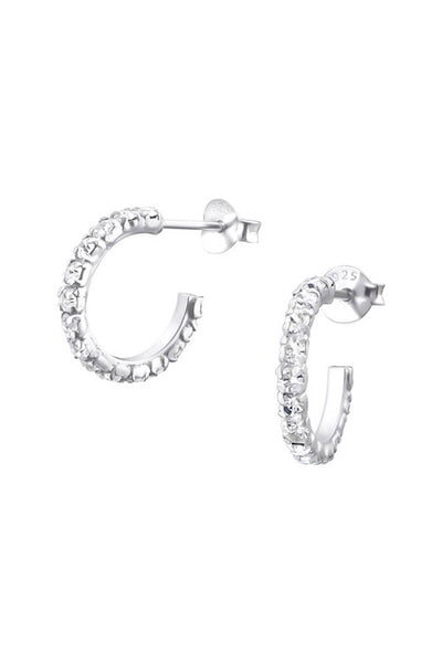 Sterling Silver Semi Hoops Ear Studs With Crystal - SS