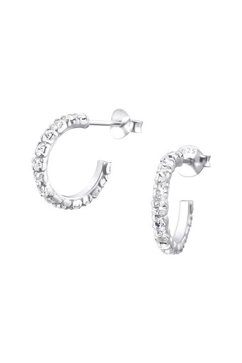 Sterling Silver Semi Hoops Ear Studs With Crystal - SS