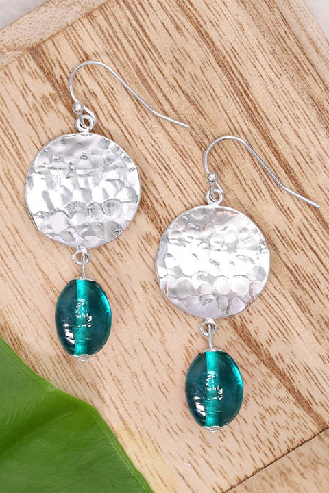 Teal Murano Glass & Hammered Disc Drop Earrings - SF