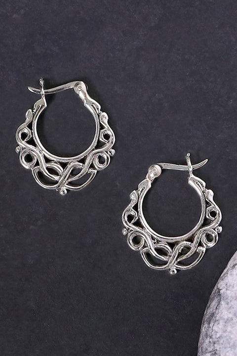 Sterling Silver Floral Pattern Hoop Earrings - SS