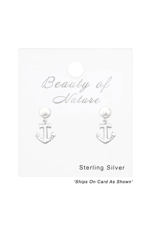 Sterling Silver Anchor Ear Studs With Synthetic Pearl - SS