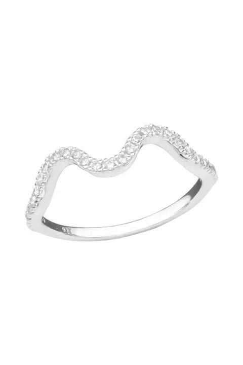 Sterling Silver Wave Band Ring With CZ - SS