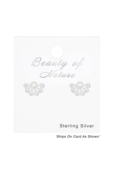 Sterling Silver Geometric Ear Studs With CZ and Pearl - SS