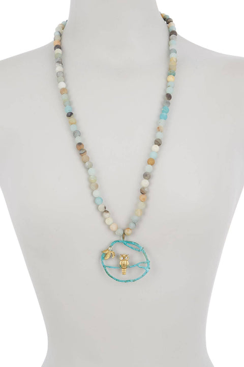 Amazonite Beads Necklace With Patina Owl Pendant - BR