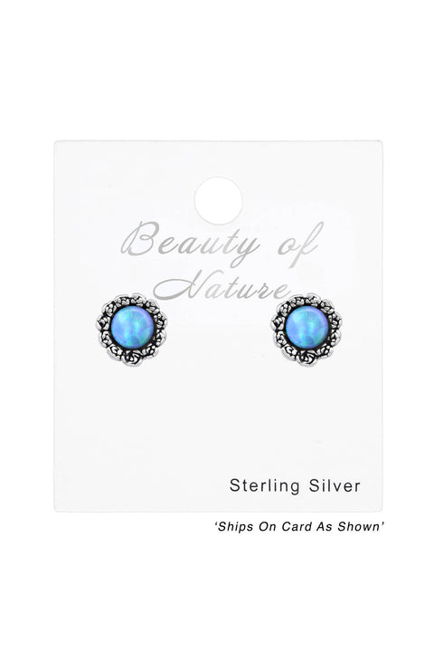 Sterling Silver Flower Ear Studs With Opal - SS