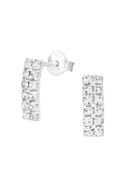Sterling Silver Bended Rectangle Ear Studs With Crystal - SS