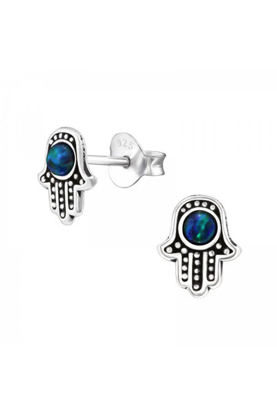 Sterling Silver Hamsa Ear Studs With Opal - SS