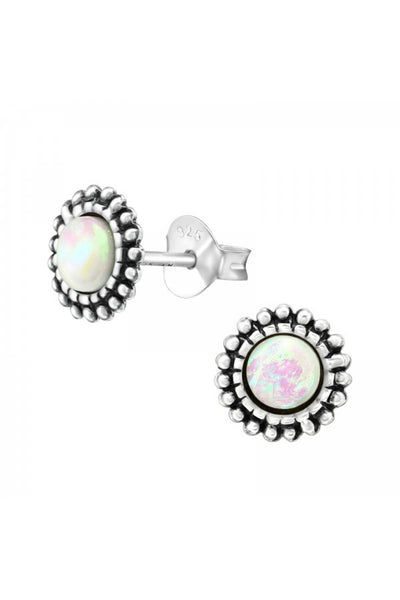 Sterling Silver Round Ear Studs With Snythetic Opal - SS