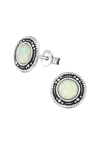 Sterling Silver Round Ear Studs & Synthetic Opal - SS