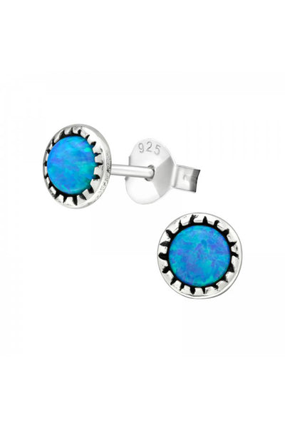 Sterling Silver Round Ear Studs With Opal - SS