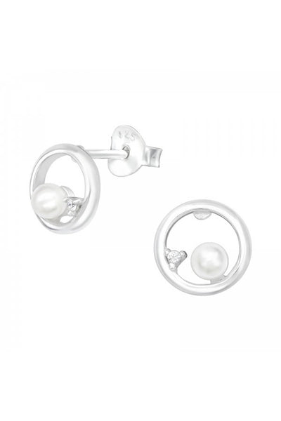 Sterling Silver Circle Ear Studs With CZ and Pearl - SS