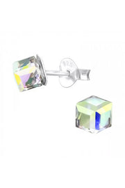 Sterling Silver Cube 4mm Ear Studs With Crystal - SS