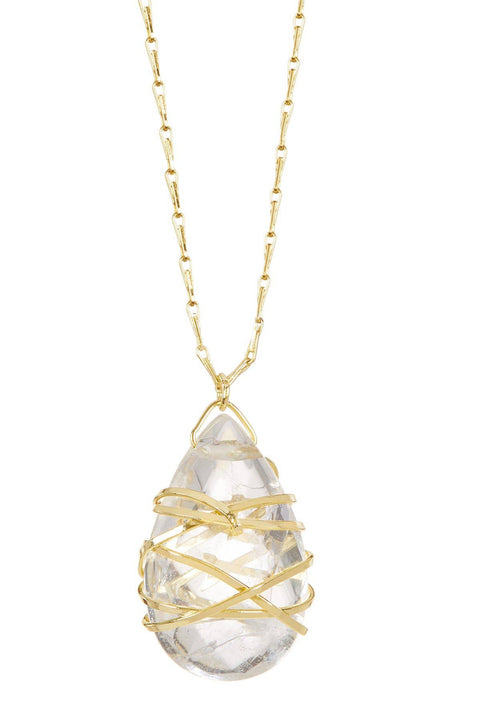 Crystal Quartz Wrapped 30" Pear Cut Pendant Necklace - GF