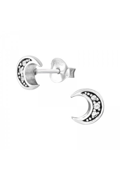 Sterling Silver Moon Ear Studs With Cubic Zirconia - SS