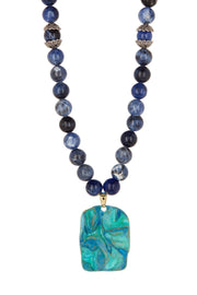 Lapis Beads Necklace With Natural Patina Pendant - BR