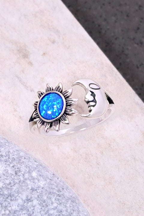 Blue Created Opal & Sterling Silver Sun & Moon Ring - SS