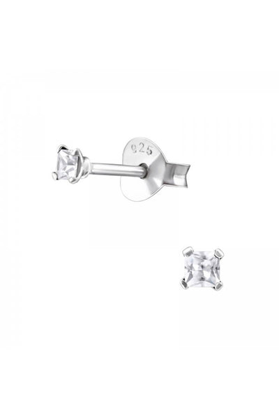 Sterling Silver Square 2mm Ear Studs With CZ - SS