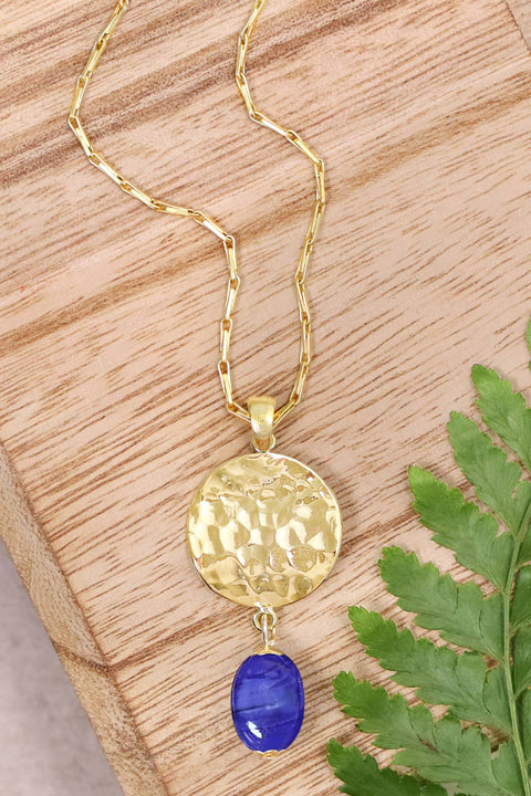 Blue Murano Glass & Hammered Disc Pendant Necklace - GF