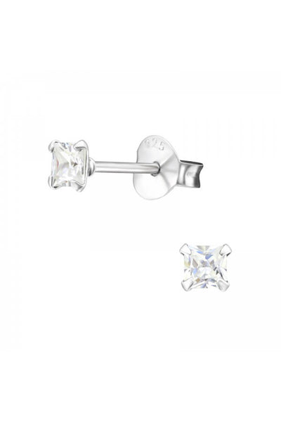 Sterling Silver Square 3mm Ear Studs With CZ - SS