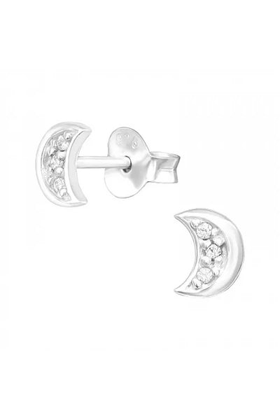 Sterling Silver Moon Ear Studs With Cubic Zirconia - SS