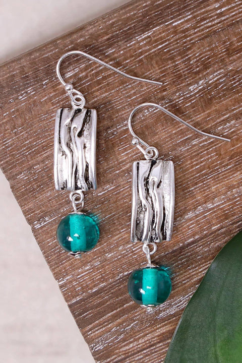 Teal Murano Glass & Textured Rectangle Drop Earrings - SF