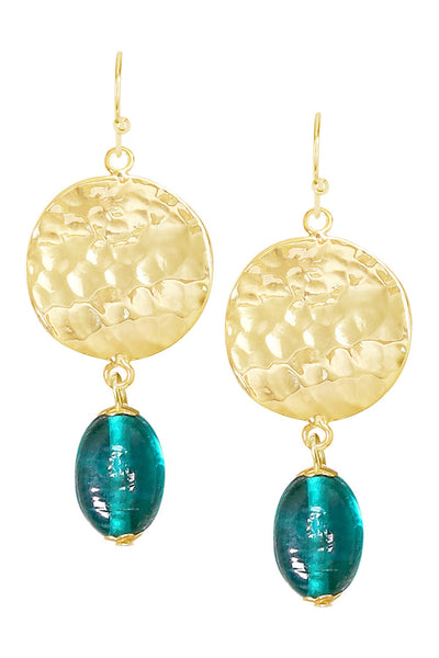 Teal Murano Glass & Hammered Disc Drop Earrings - GF