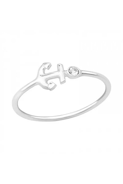 Sterling Silver Anchor Ring With Crystal - SS