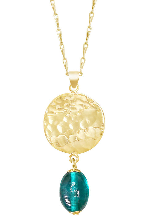 Teal Murano Glass & Hammered Disc Pendant Necklace - GF