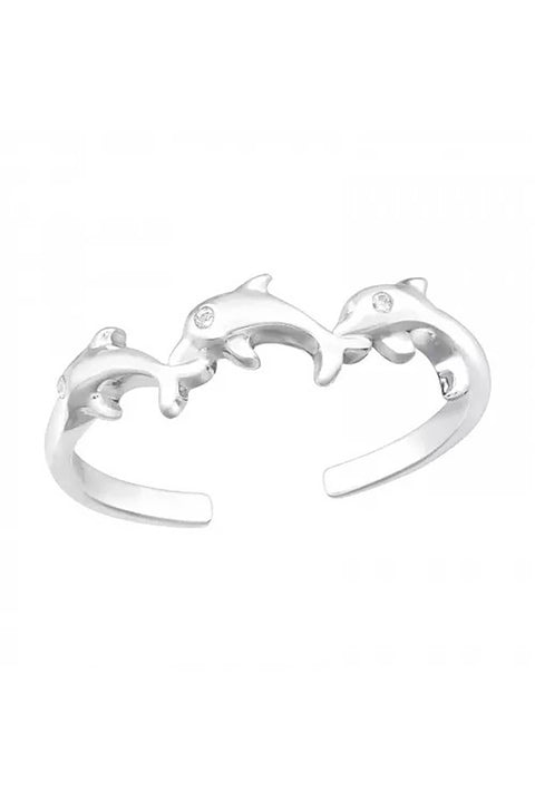 Sterling Silver Dolphin Toe Ring With Cubic Zirconia - SS