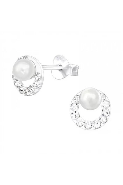 Sterling Silver Round Ear Studs With Pearl and Crystal - SS