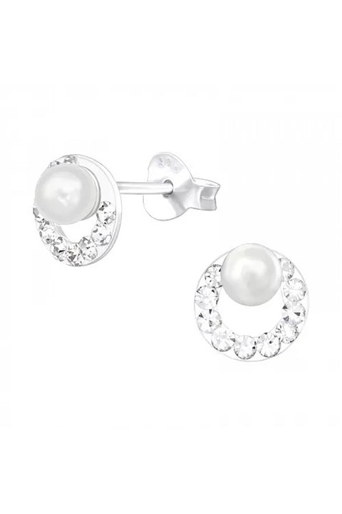 Sterling Silver Round Ear Studs With Pearl and Crystal - SS