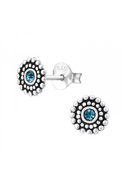 Sterling Silver Round Ear Studs With Crystal - SS
